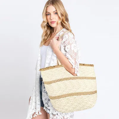 Fashnzfab Striped Detail Frayed Straw Bag In Sand