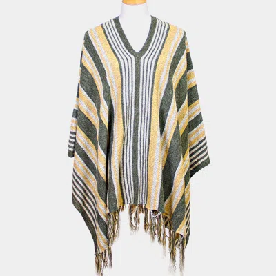 Fashnzfab Striped Fringe Edge Poncho Sweater In Green