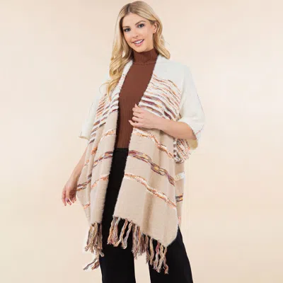 Fashnzfab Striped Fringe Open Front Poncho Cardigan In Neutral