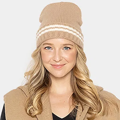 Fashnzfab Striped Knit Cuff Beanie Hat In Beige