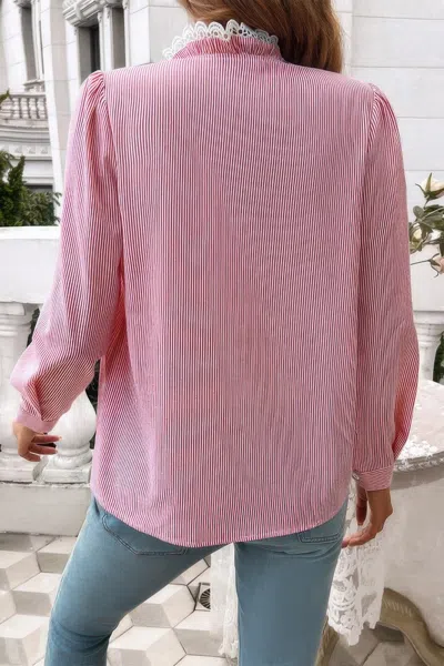 Fashnzfab Striped Lace Mock Neck Ruffle Trim Blouse