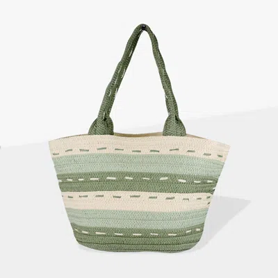 Fashnzfab Striped Pattern Dotted Line Detail Straw Bag In Green