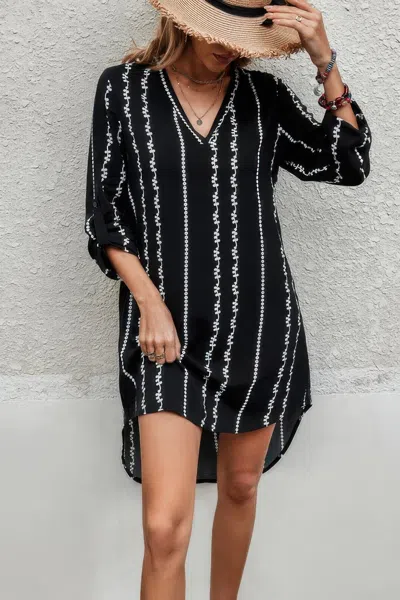 Fashnzfab Striped Print Roll Tab Sleeve Tunic Loose Dress