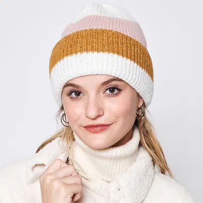 Fashnzfab Striped Ribbed Beanie Hat In Beige