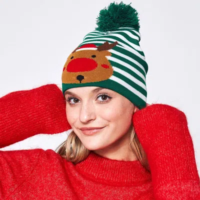 Fashnzfab Striped Rudolph Pom Pom Beanie Hat In Green