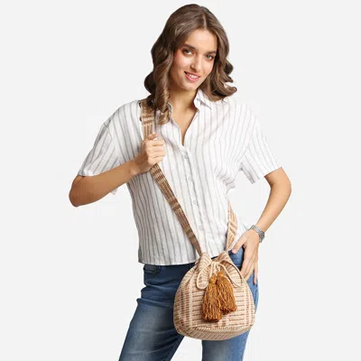 Fashnzfab Striped Tassel Crossbody Bucket Bag In Sand