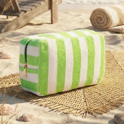 Fashnzfab Striped Terry Cloth Cosmetic Pouch Bag In Green