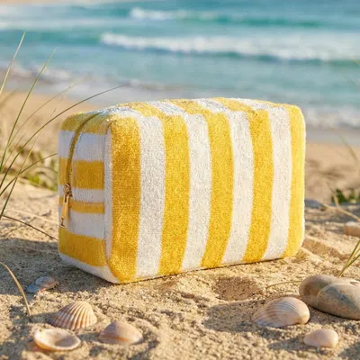 Fashnzfab Striped Terry Cloth Cosmetic Pouch Bag In Yellow