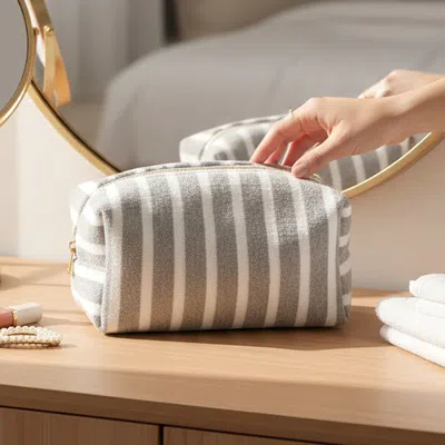 Fashnzfab Striped Terry Textured Cosmetic Pouch Bag In Gray