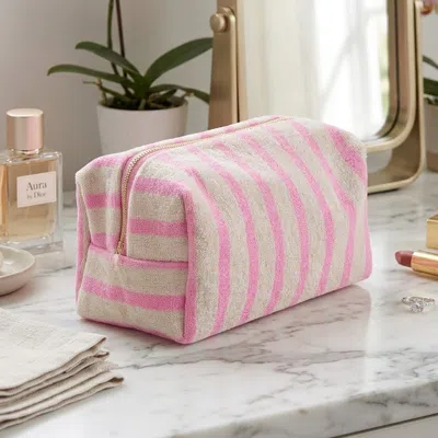 Fashnzfab Striped Terry Textured Cosmetic Pouch Bag In Pink