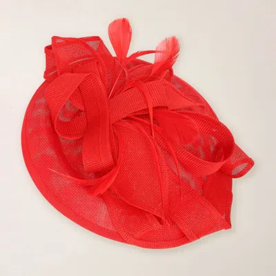 Fashnzfab Structured Bow Feather Accent Elegant Hat Fascinator Hair Clip Headband In Red