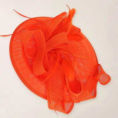 Fashnzfab Structured Bow Feather Accent Elegant Hat Fascinator Hair Clip Headband In Orange