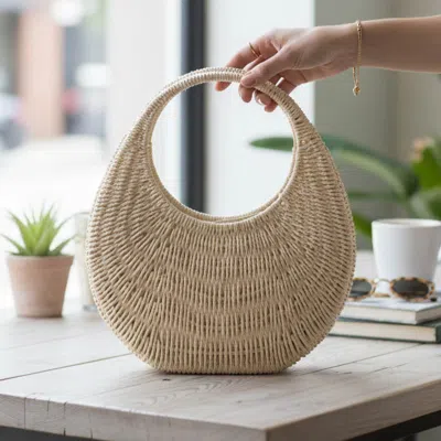 Fashnzfab Structured Crescent Woven Handbag In Sand