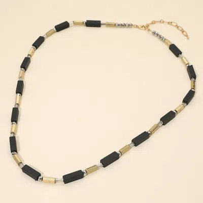 Fashnzfab Structured Wooden Metal Bar Beaded Long Necklace - Black