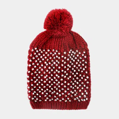 Fashnzfab Studded Acrylic Pom Beanie In Red