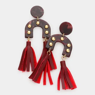 Fashnzfab Studded Celluloid Acetate Double Leather Tassel Dangle Earrings - Burdy In Black