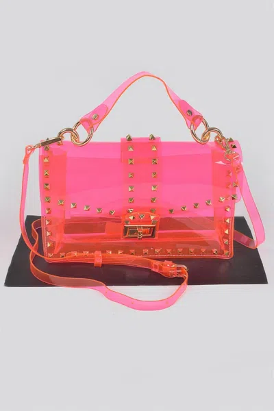 Fashnzfab Studded Colorful Transparent Clutch In Pink