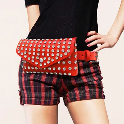 Fashnzfab Studded Faux Leather Fanny Pack / Belt / Clutch Bag In Red