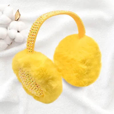 Fashnzfab Studded Fluffy Plush Fur Foldable Earmuff In Yellow