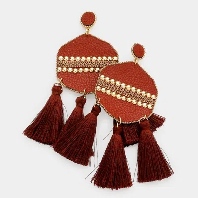 Fashnzfab Studded Leather Triple Tassel Earrings - Brown