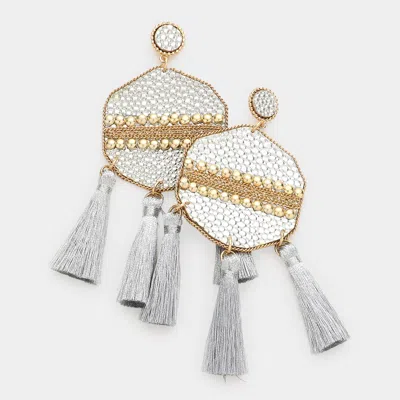 Fashnzfab Studded Leather Triple Tassel Earrings - Silver In Gray