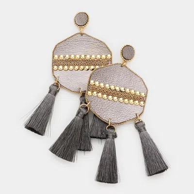 Fashnzfab Studded Leather Triple Tassel Earrings In Brown