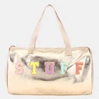 Fashnzfab Stuff Message Metallic Top Handle Duffle Bag / Crossbody Bag In Gold