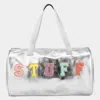 Fashnzfab Stuff Message Metallic Top Handle Duffle Bag / Crossbody Bag In Silver