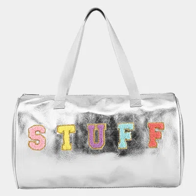 Fashnzfab Stuff Message Metallic Top Handle Duffle Bag / Crossbody Bag In Silver