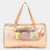 Fashnzfab Stuff Message Metallic Top Handle Duffle Bag / Crossbody Bag In White