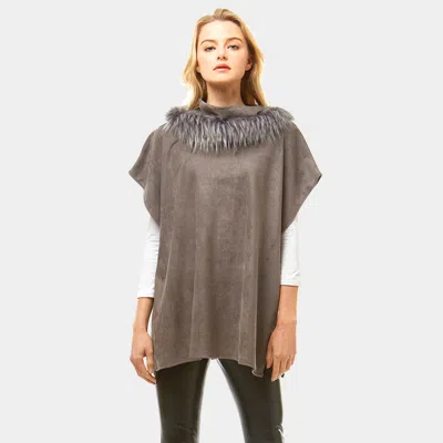 Fashnzfab Suede Feel Turtle Neck Faux Fur Poncho In Gray