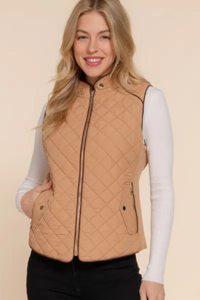 Fashnzfab Suede Piping Quilted Padding Vest In Brown