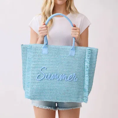 Fashnzfab Summer Embroidery Woven Straw Fringe Tote Shoulder Bag In Blue
