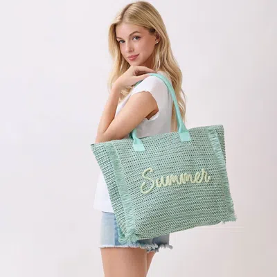 Fashnzfab Summer Embroidery Woven Straw Fringe Tote Shoulder Bag In Green