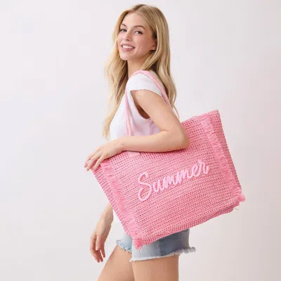 Fashnzfab Summer Embroidery Woven Straw Fringe Tote Shoulder Bag In Pink