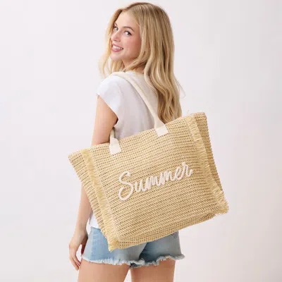 Fashnzfab Summer Embroidery Woven Straw Fringe Tote Shoulder Bag In Sand