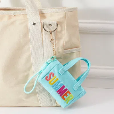 Fashnzfab Summer Letter Embroidered Mini Canvas Tote Bag Keychain Bag Charm In Blue