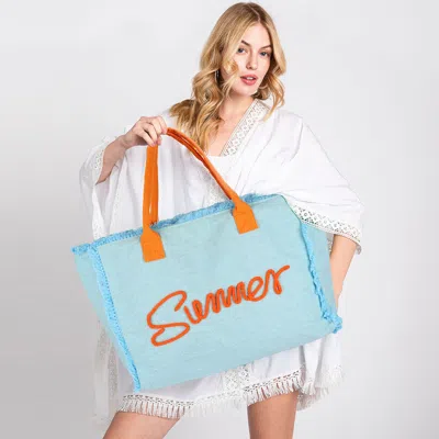 Fashnzfab Summer Message Embroidered Fringe Canvas Tote Bag / Beach Bag In Blue