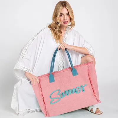 Fashnzfab Summer Message Embroidered Fringe Canvas Tote Bag / Beach Bag In Pink