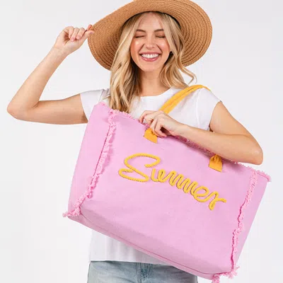 Fashnzfab Summer Message Embroidered Fringe Canvas Tote Bag / Beach Bag In Purple