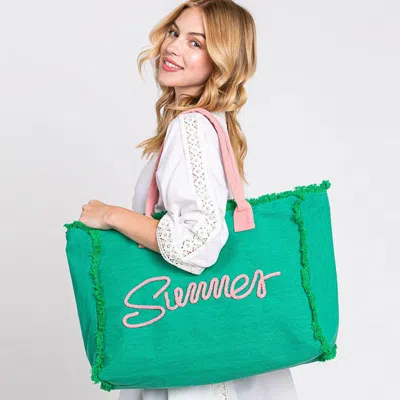 Fashnzfab Summer Message Embroidered Fringe Canvas Tote Beach Bag In Green