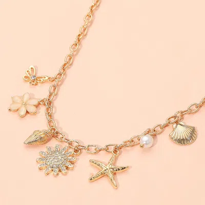 Fashnzfab Sun Starfish Sea Shell Flower Butterfly Pearl Charm Station Necklace In Gold