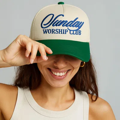 Fashnzfab Sunday Worship Club Embroidered Five Panel Canvas Baseball Cap In Green