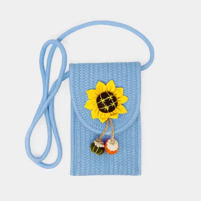 Fashnzfab Sunflower Patch Accented Mini Straw Crossbody Bag In Blue
