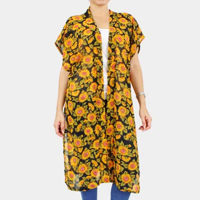 Fashnzfab Sunflower Printed Cover Up Kimono Poncho In Black