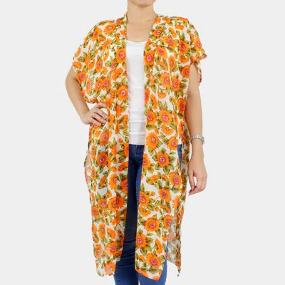 Fashnzfab Sunflower Printed Cover Up Kimono Poncho In Orange