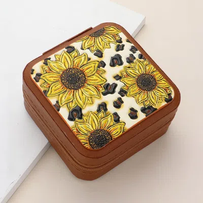 Fashnzfab Sunflower Printed Faux Leather Portable Square Jewelry Box In Brown