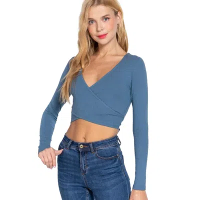 Fashnzfab Surplice W/tie Rib Knit Top In Blue