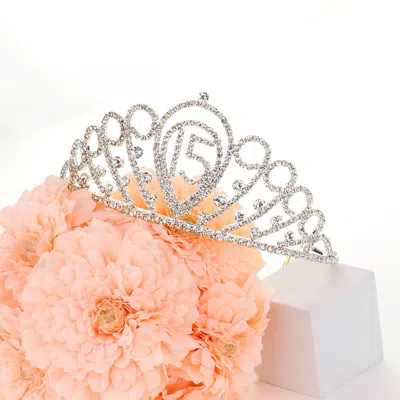 Fashnzfab Sweet 15 Rhinestone Paved Birthday Party Princess Tiara In Silver