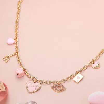 Fashnzfab Sweetheart Love Lips Card Dice Charm Station Necklace - Gold, Pink In Multi